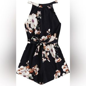 Shein black tropical floral romper shorts jumpsuit with tie size S